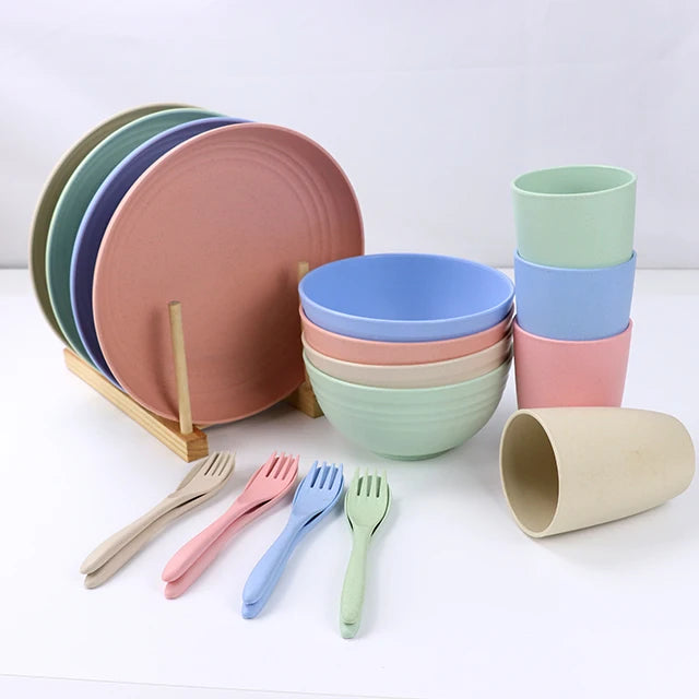 16pcs/set tableware eco friendly degradable plates cup dinner set wheat straw kitchen