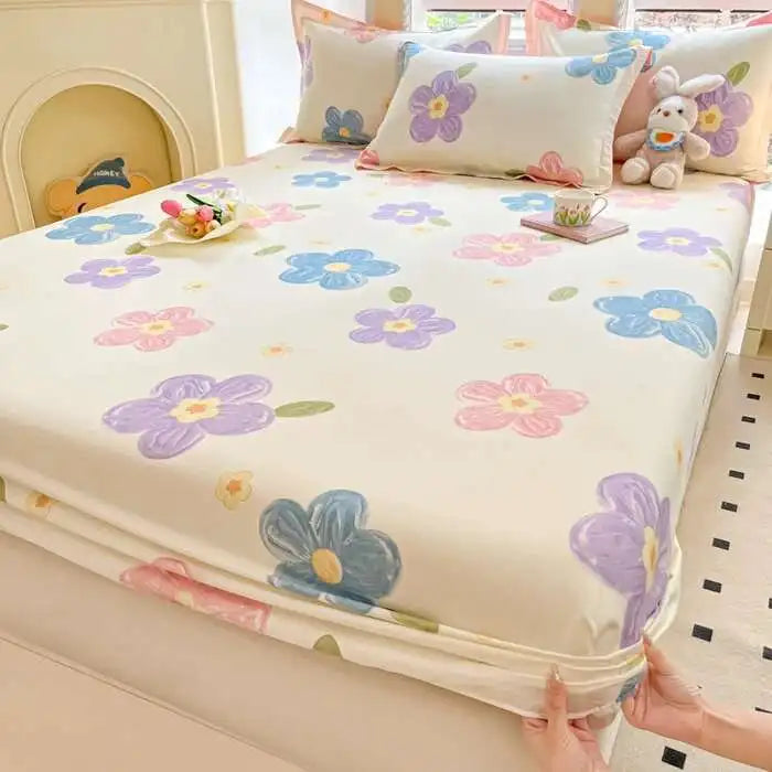 100% Cotton Floral Fitted Sheet Set - Includes Pillowcase, Single/Queen/King Size Mattress Covers(Breathable)