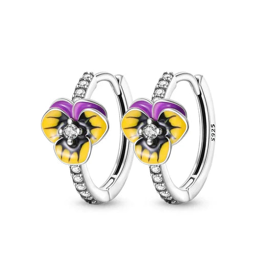 Elegant Pansy Flower Sterling Silver Hoop Earrings With Cubic Zirconia