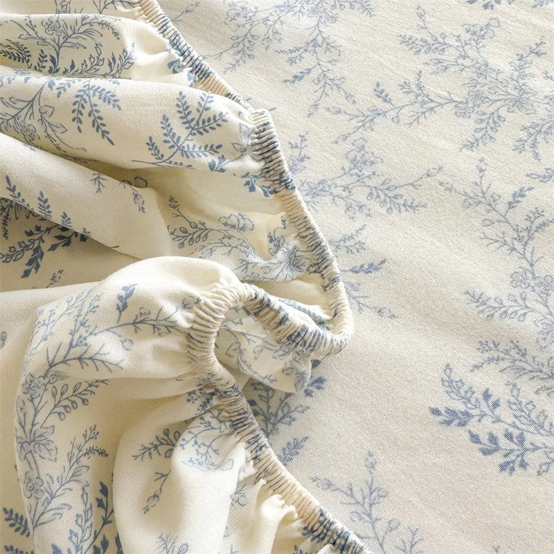 1pc Floral Fitted Bed Sheet Flower Printed Washed Cotton Bed Sheet with Elastic Single/Queen/King Size Bed Fitted Sheets