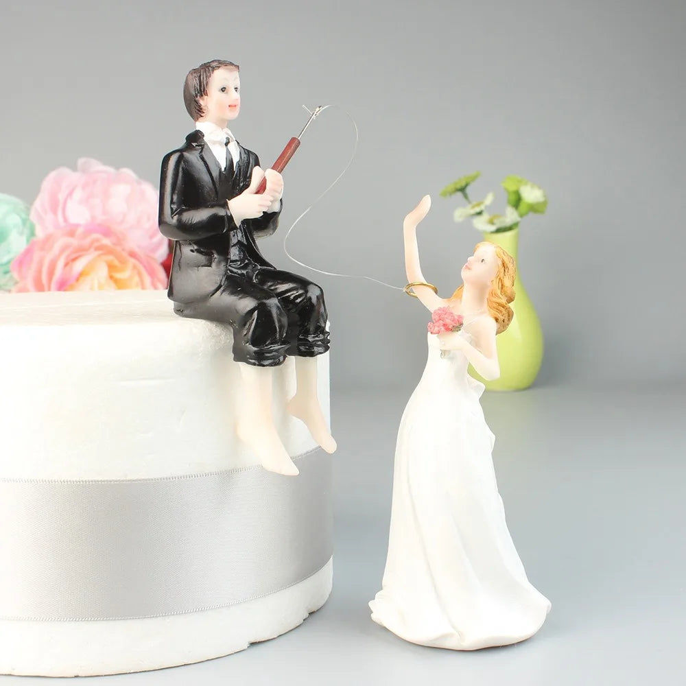 Hooked on Love Fishing Groom Catching Bride Funny Wedding Cake Topper Decor