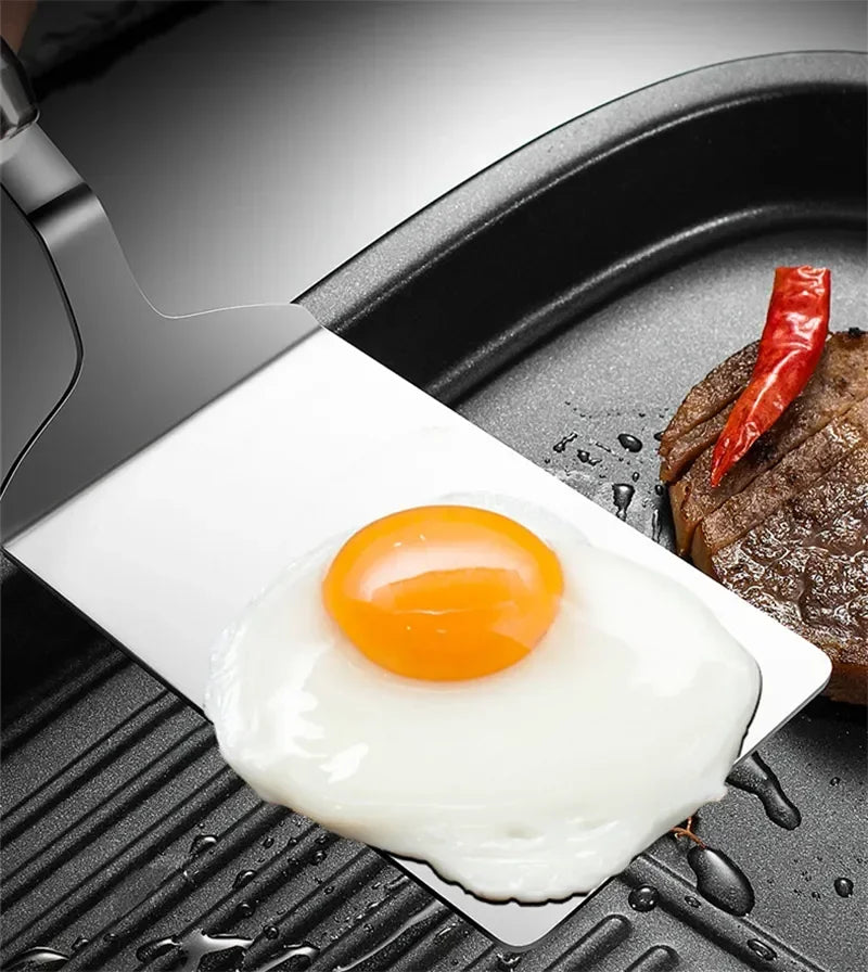 Stainless Steel Square Head Steak Cooking Spatula Pizza Shovel Pancake Beef Turner Scraper Wood Handle BBQ Utensils for Kitchen