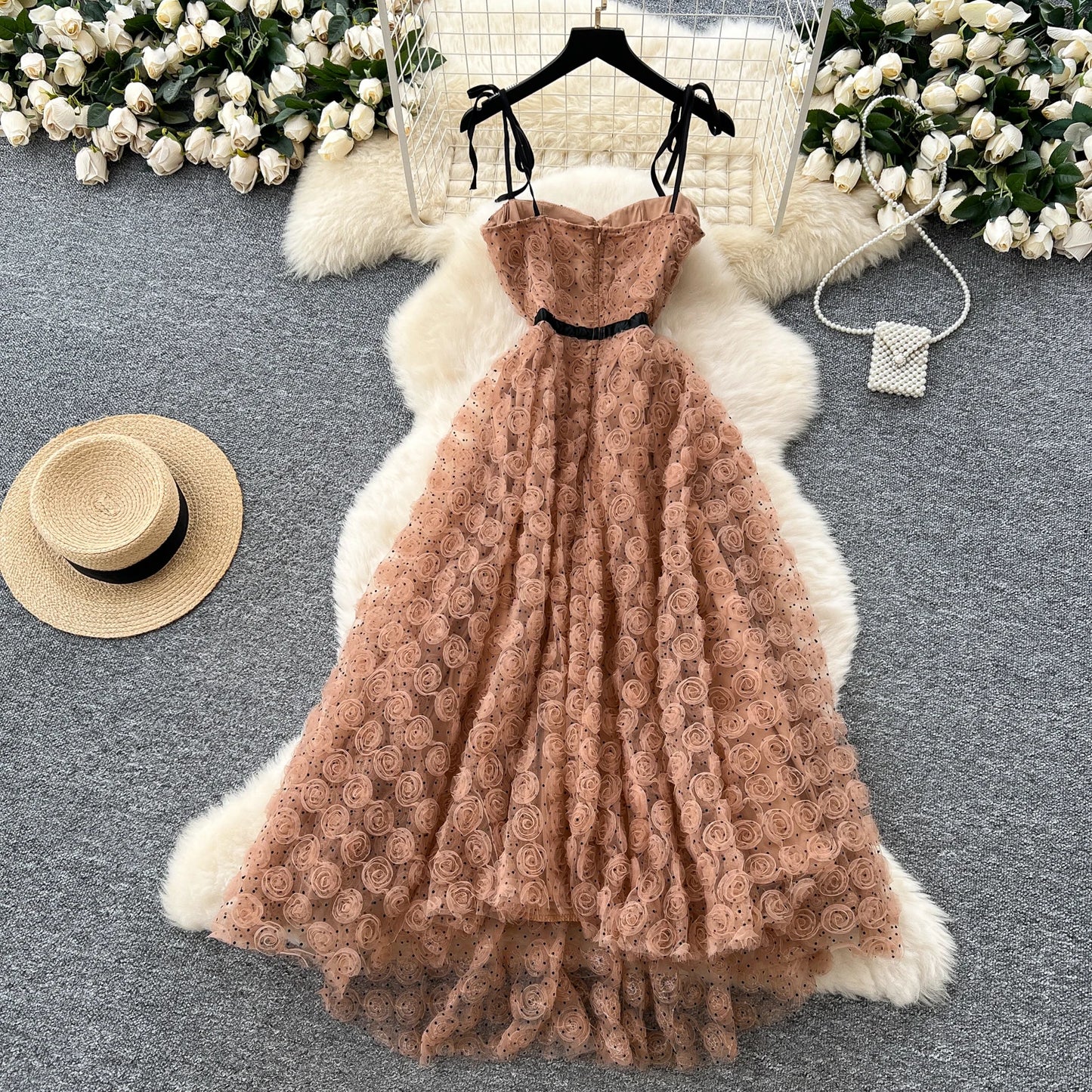 SINGREINY 3D Roses Mesh Straps Dress Polka Dots Backless Zipper Irregular Sundress Women French Senior Chic Evening Long Dress