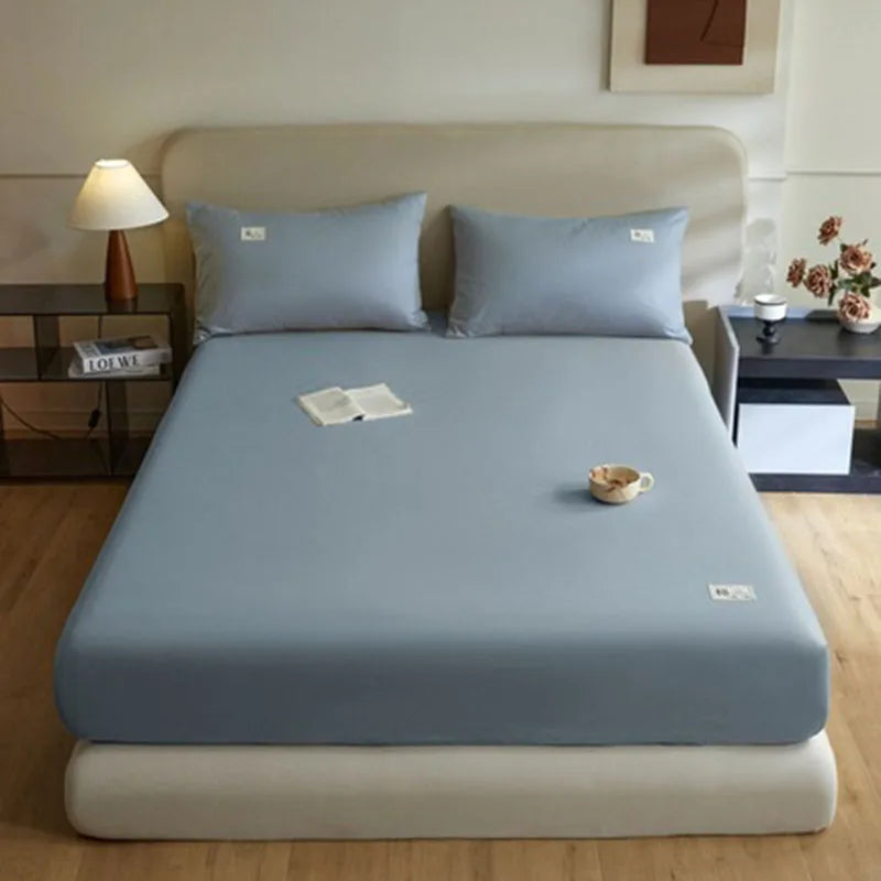 Pure Cotton Solid Anti-Slip Fitted Sheet European Skin-Friendly Mattress Protector for Bedroom Soft Dust Cover for All Seasons
