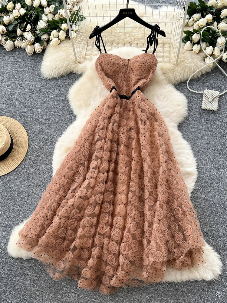 SINGREINY 3D Roses Mesh Straps Dress Polka Dots Backless Zipper Irregular Sundress Women French Senior Chic Evening Long Dress