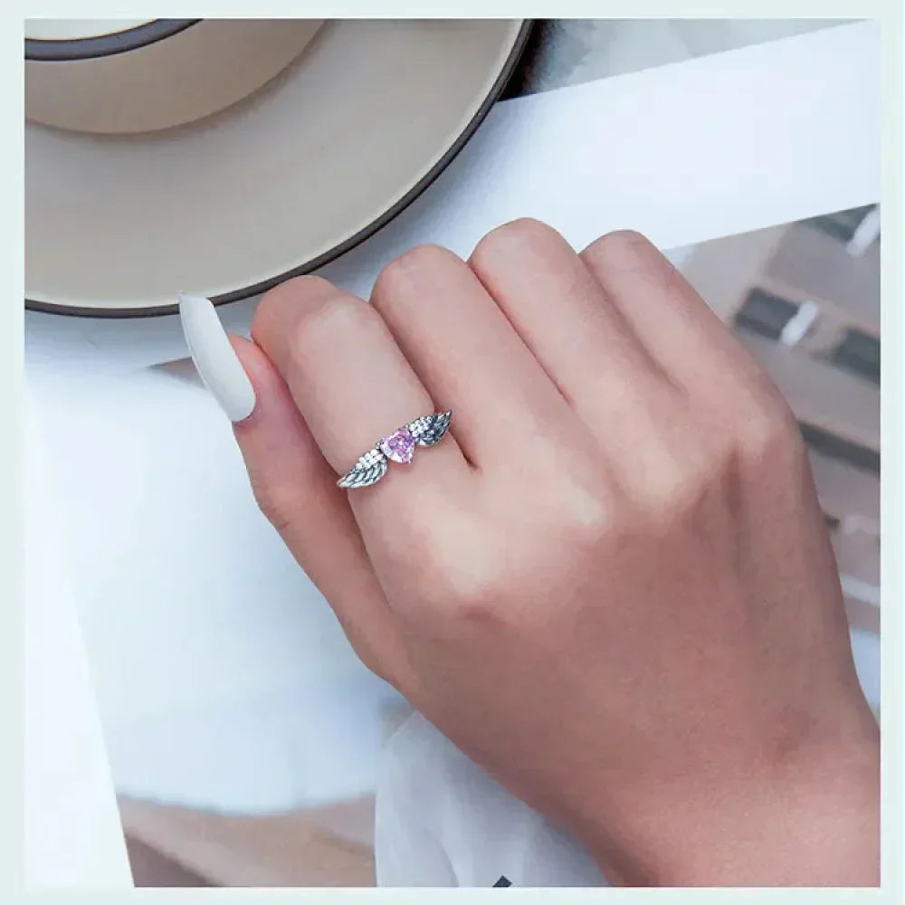 925 Sterling Silver Pink Heart Zircon Ring for Women - Love & Wing Ring