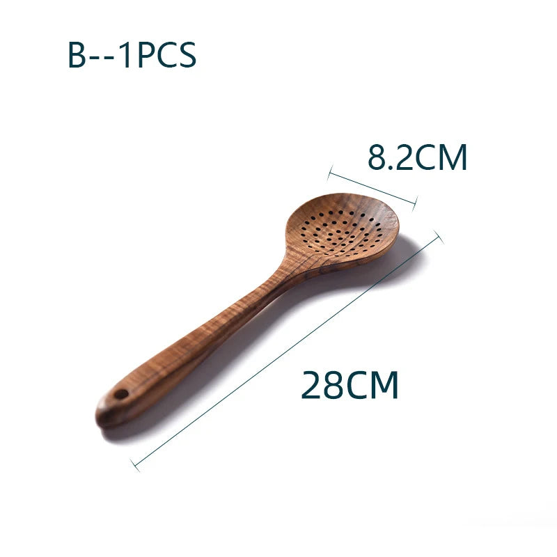 YWDL Natural Teak Cooking Spoon Scoop Kitchen Wooden Spatula Non-stick Utensils Set For Cooking With Hanging Hooks Cookware Tool