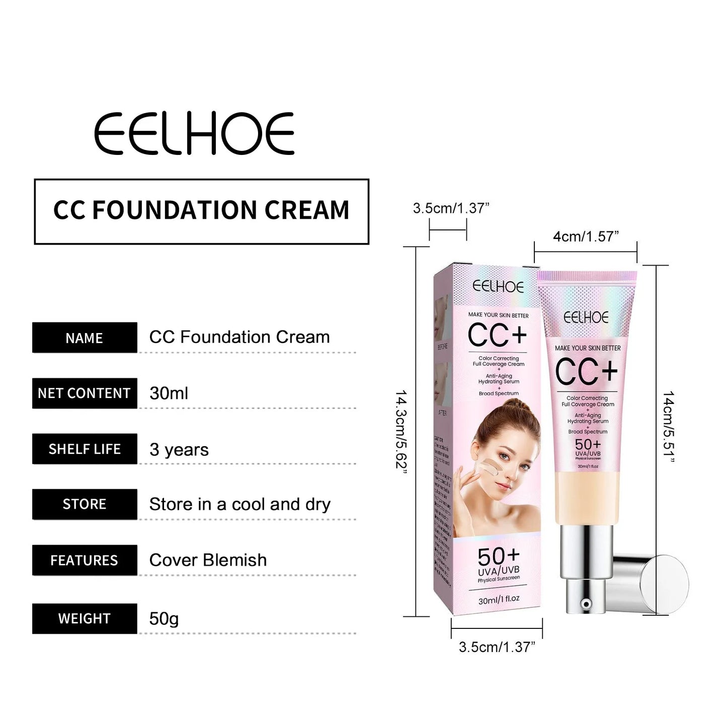 CC Foundation Cream Natural Moisturizing Waterproof Brightening Foundation Concealer Coverage Blemish Oil-control Lasting Makeup