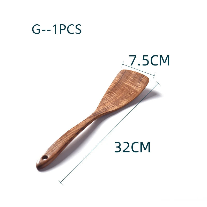 YWDL Natural Teak Cooking Spoon Scoop Kitchen Wooden Spatula Non-stick Utensils Set For Cooking With Hanging Hooks Cookware Tool
