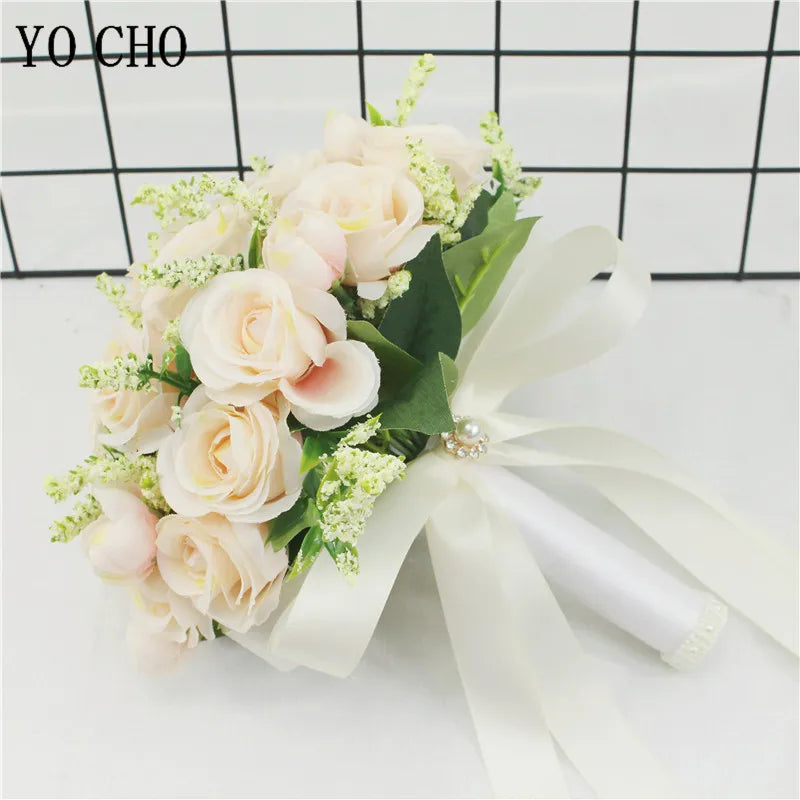 Bridal Bridesmaid Wedding Bouquet White Pink Champagne Artificial Rose Bride Holding Flowers Mariage Decor Wedding Accessories