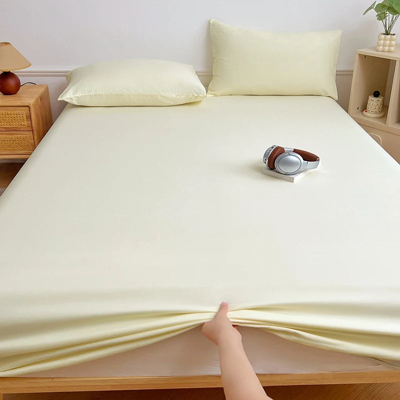 Washed Cotton Solid Color Fitted Sheet with Elastic Bands Non Slip Adjustable Mattress Cover Printed for Double King Queen