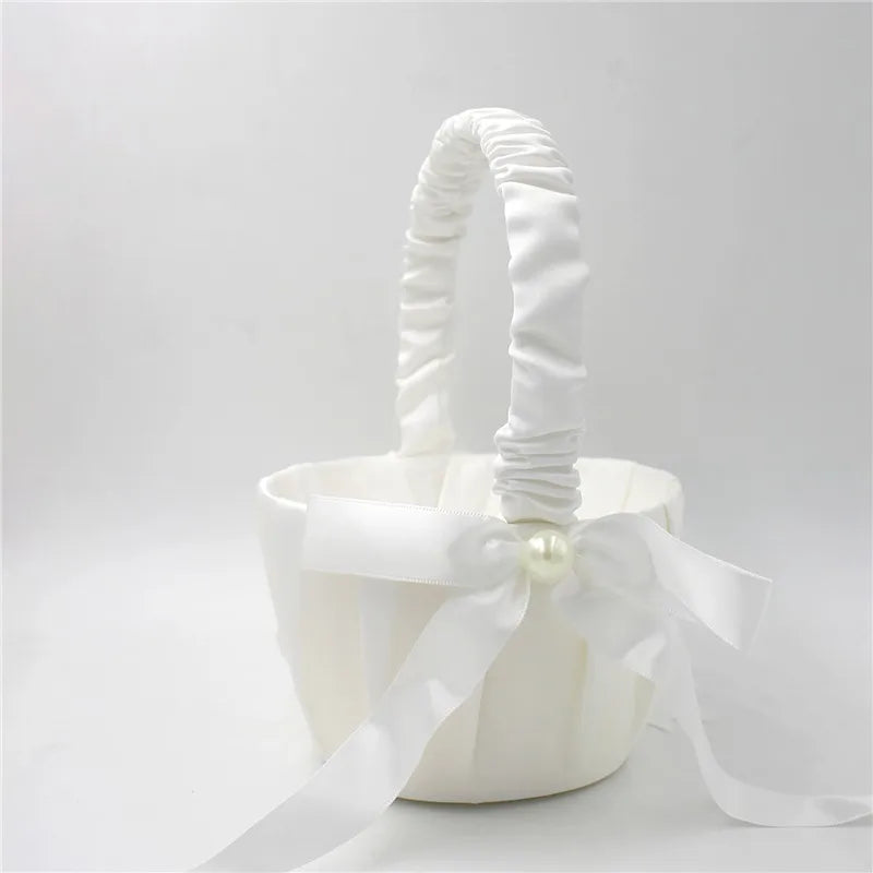 20cm White Girls Flower Basket Silk Wedding Basket for Flower Bride Girls Kids Hand Held Wedding Ceremony Party Decorations