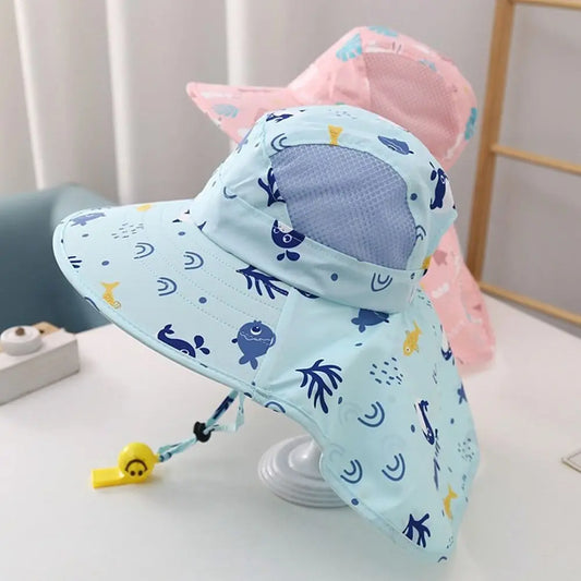 Anti UV Kids Summer Baby Sun Hat Bucket Cap With Whistle For Girls Boys Outdoor Neck Ear Cover Beach Cap
