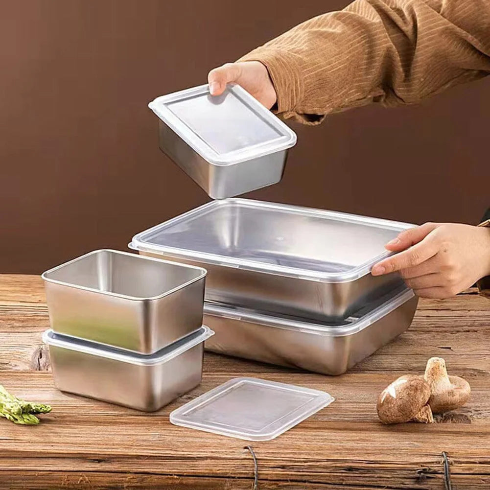 Stainless Steel Square Plate Thickened Lunch Bento Box Tray With Lid