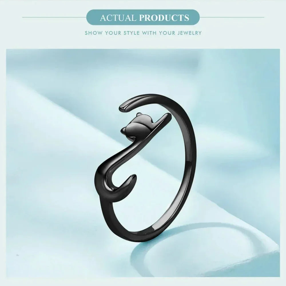 Playful Feline: Adjustable Sterling Silver Cat Ring With Long Tail