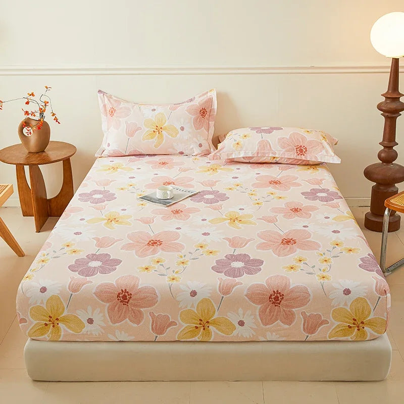 100% Cotton Bedsheet Floral Style Bed Cover High Quality Fitted Sheets Skin-friendly Bed Linen (Pillowcase Need Order)