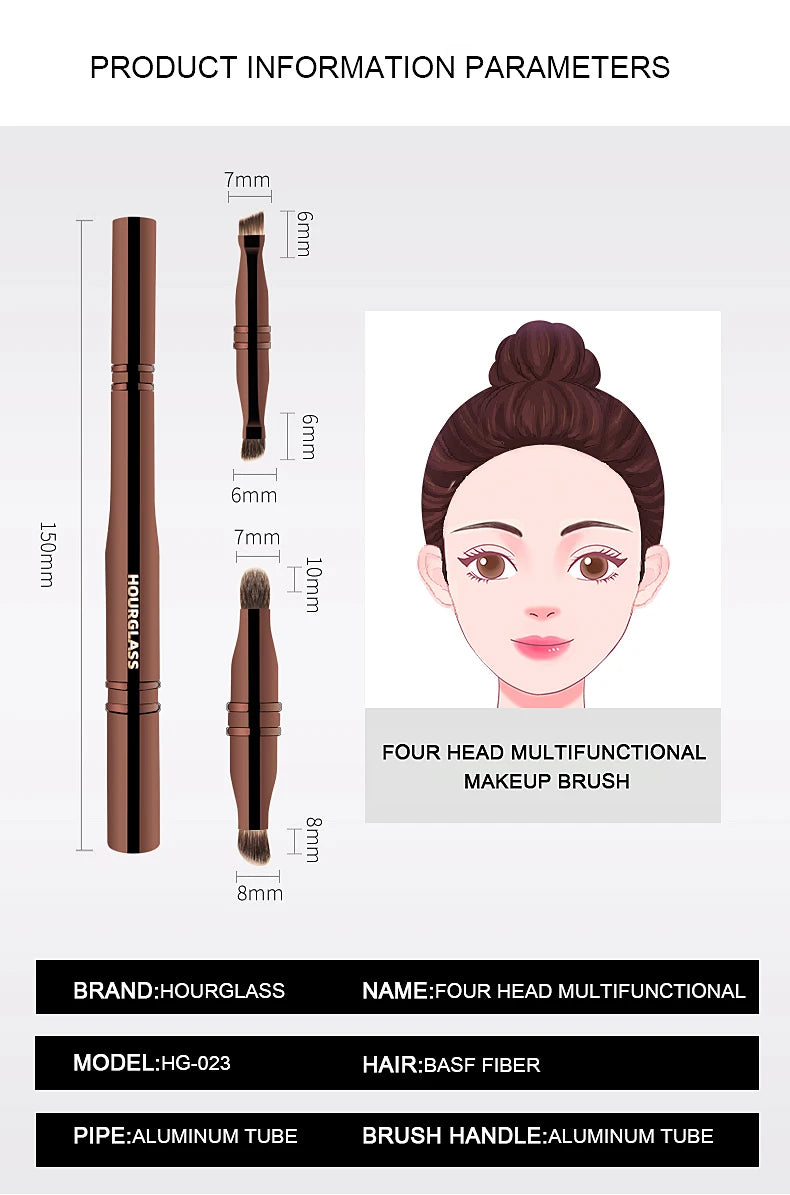 Hourglass Multifunctional Makeup Brush, Four Head Eye Brush for Eyeshadow, Eyeliner, Eyebrows