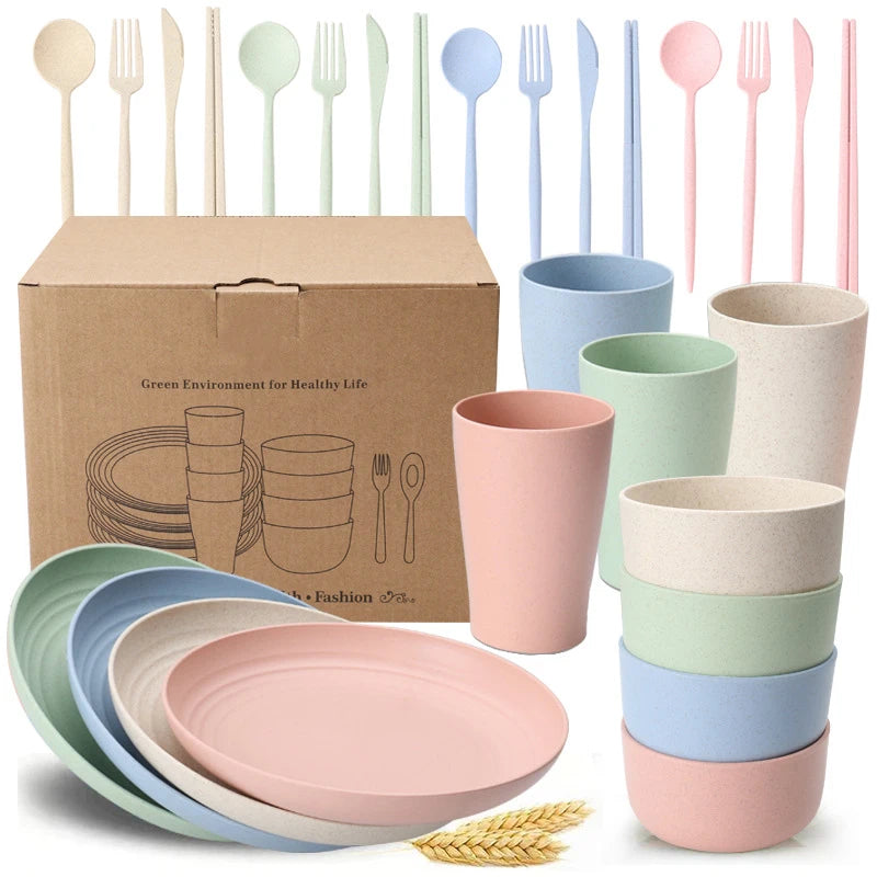 16pcs/set tableware eco friendly degradable plates cup dinner set wheat straw kitchen