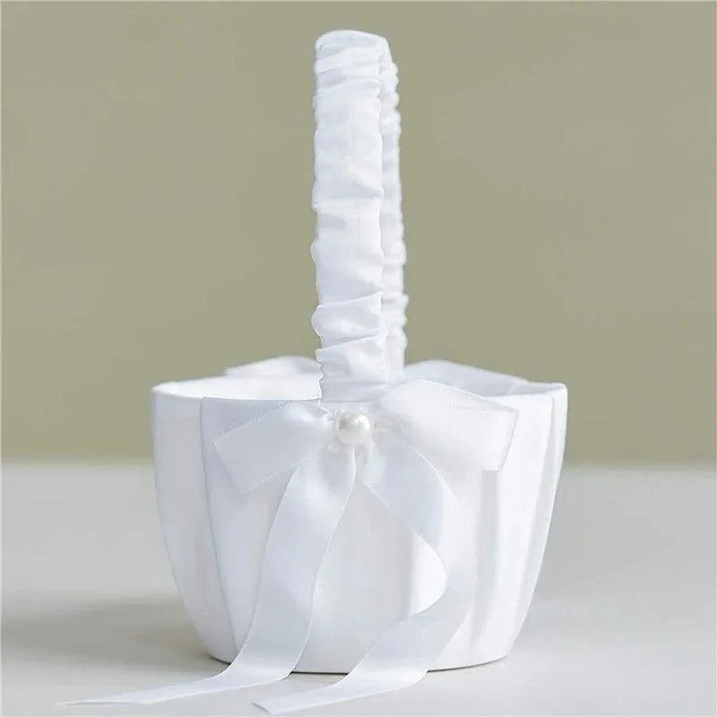 20cm White Girls Flower Basket Silk Wedding Basket for Flower Bride Girls Kids Hand Held Wedding Ceremony Party Decorations