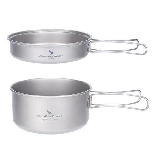 Titanium Camping Cookware Set Pan with Folding Handles Silver-0