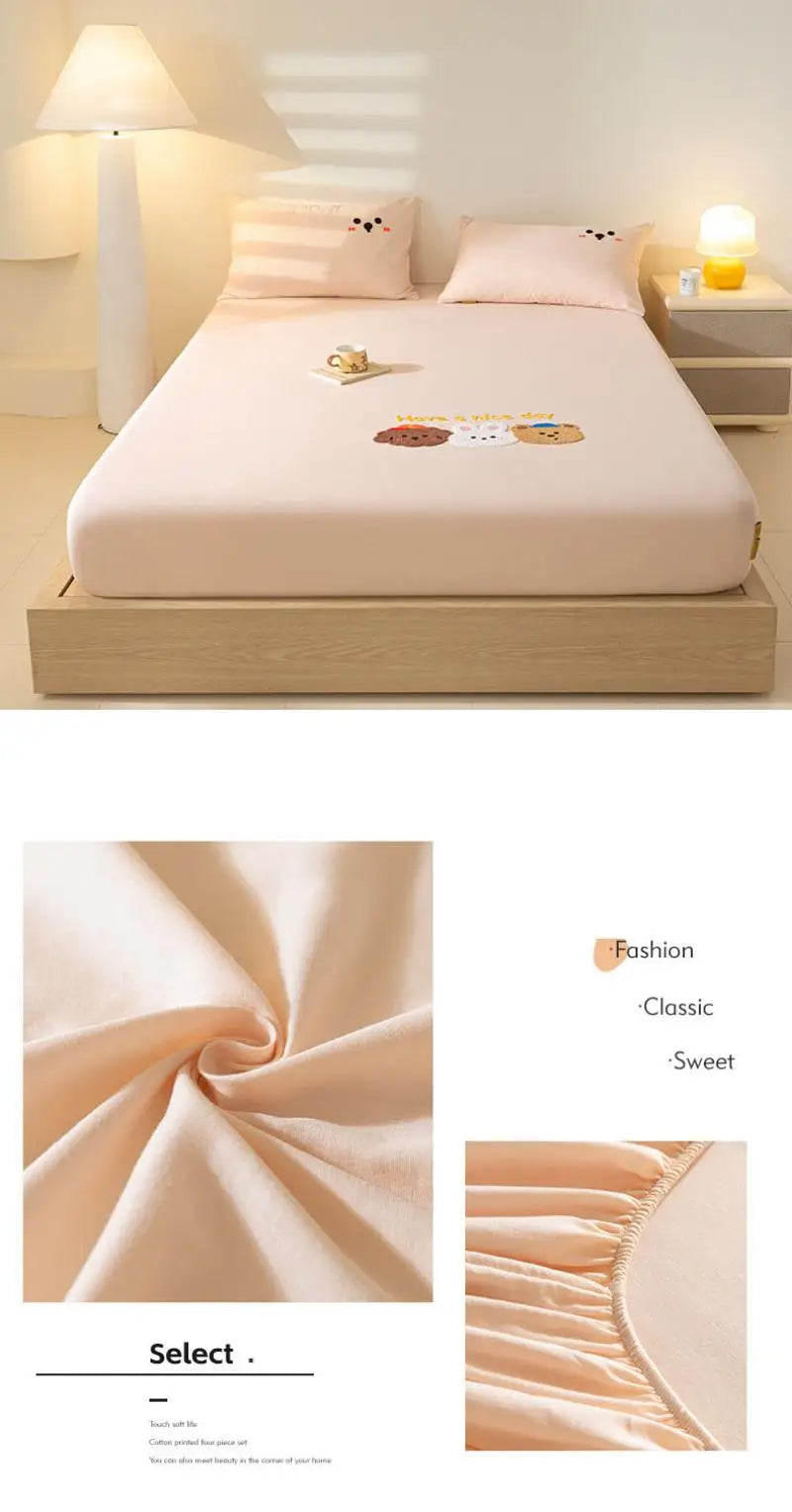 100% Cotton Cartoon Towel Embroidered Fitted Sheet A-Class Single Bed Cover for All Seasons Anti-Slip Mattress Protective Cover
