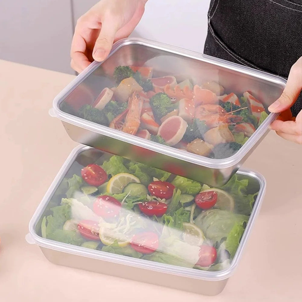 Stainless Steel Square Plate Thickened Lunch Bento Box Tray With Lid