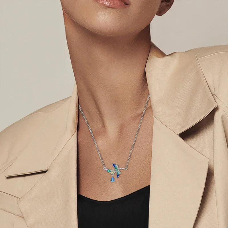 925 Sterling Silver Mystical Dragonfly Crystal Necklace