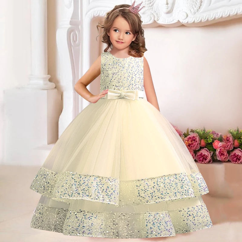Children's Sequins Bowknot Princess Dress Girls' Fashion Pearl Cake Long Dress Christmas Banquet Host Show Dress