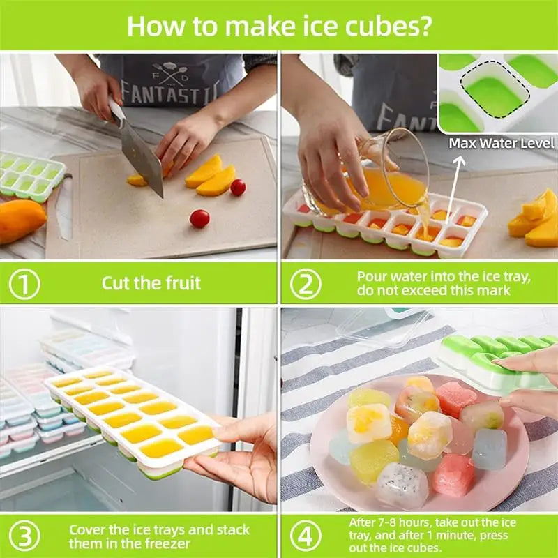 14 Grids Fruit Ice Maker with Removable Ice Cube Trays Reusable Silicone Ice cube Mold  Lids Kitchen Tools Freezer Summer Mould