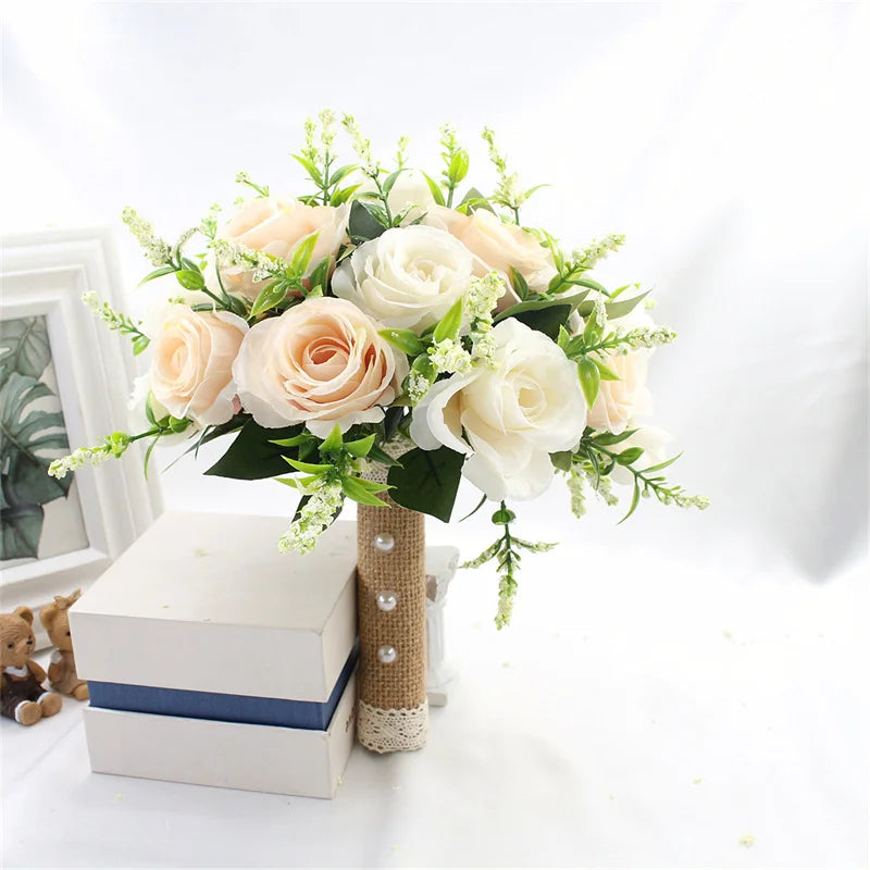 Bridal Bridesmaid Wedding Bouquet White Pink Champagne Artificial Rose Bride Holding Flowers Mariage Decor Wedding Accessories