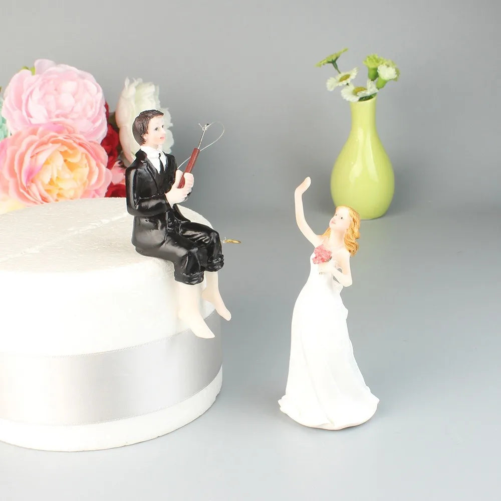 Hooked on Love Fishing Groom Catching Bride Funny Wedding Cake Topper Decor