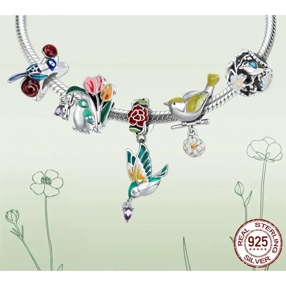 Springtime Charm - Sterling Silver Flower & Bird Pendant For Bracelets