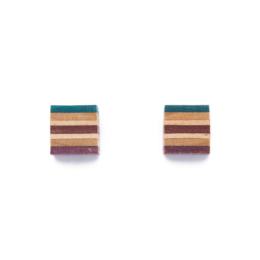 Square Recycled Skateboard Wood Stud Earrings-0