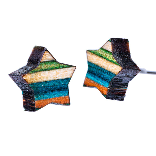 Star Recycled Skateboard Wooden Stud Earrings-0