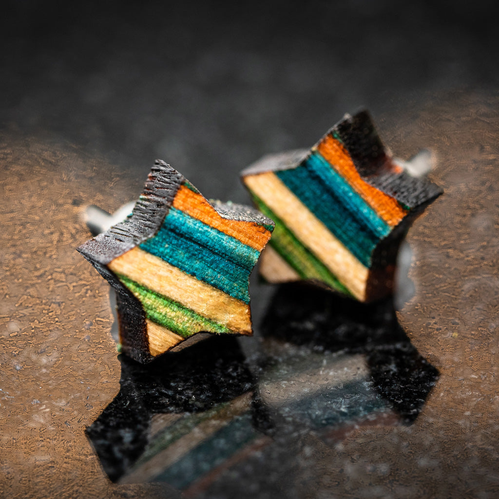 Star Recycled Skateboard Wooden Stud Earrings-2