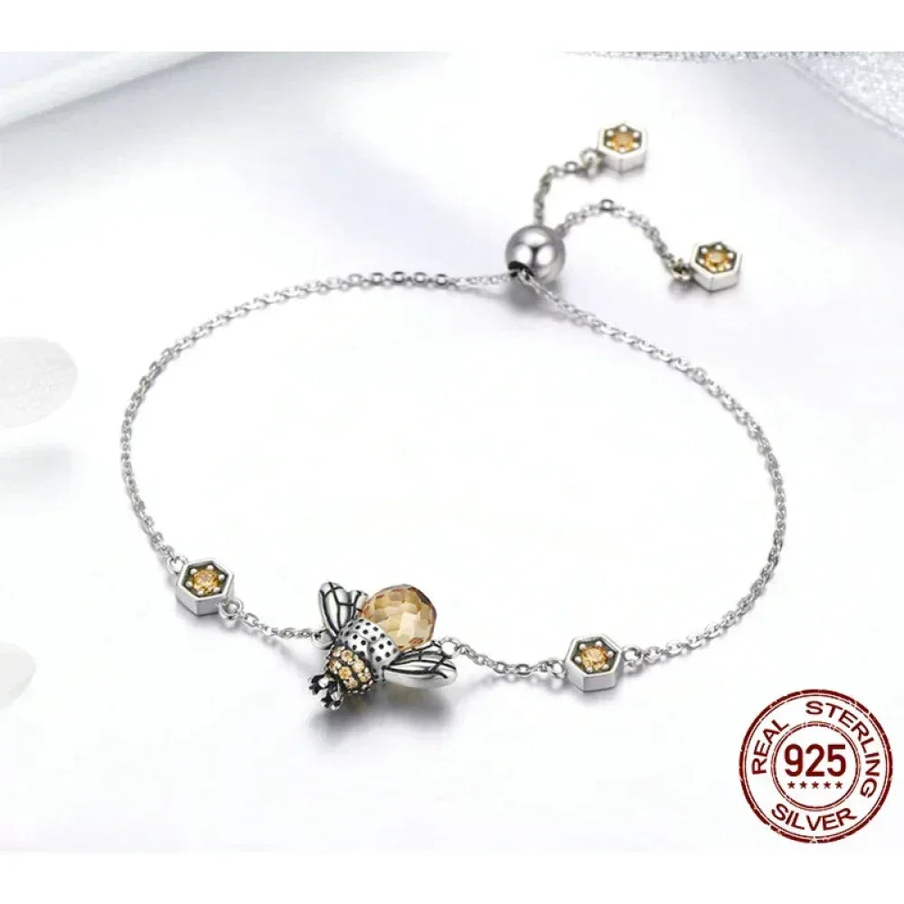 Sterling Silver Dancing Bee Bracelet With Crystal - Women'S Chain Link Bracelet