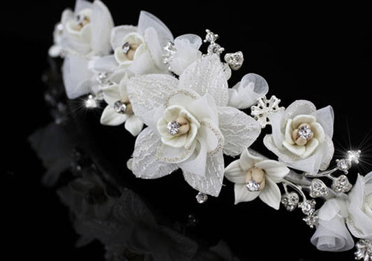 Handmade Wedding White Flower Satin Crystals Tiara XT1336-0