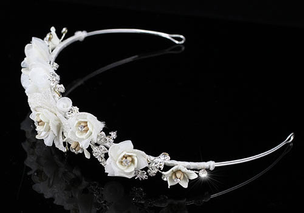 Handmade Wedding White Flower Satin Crystals Tiara XT1336-4