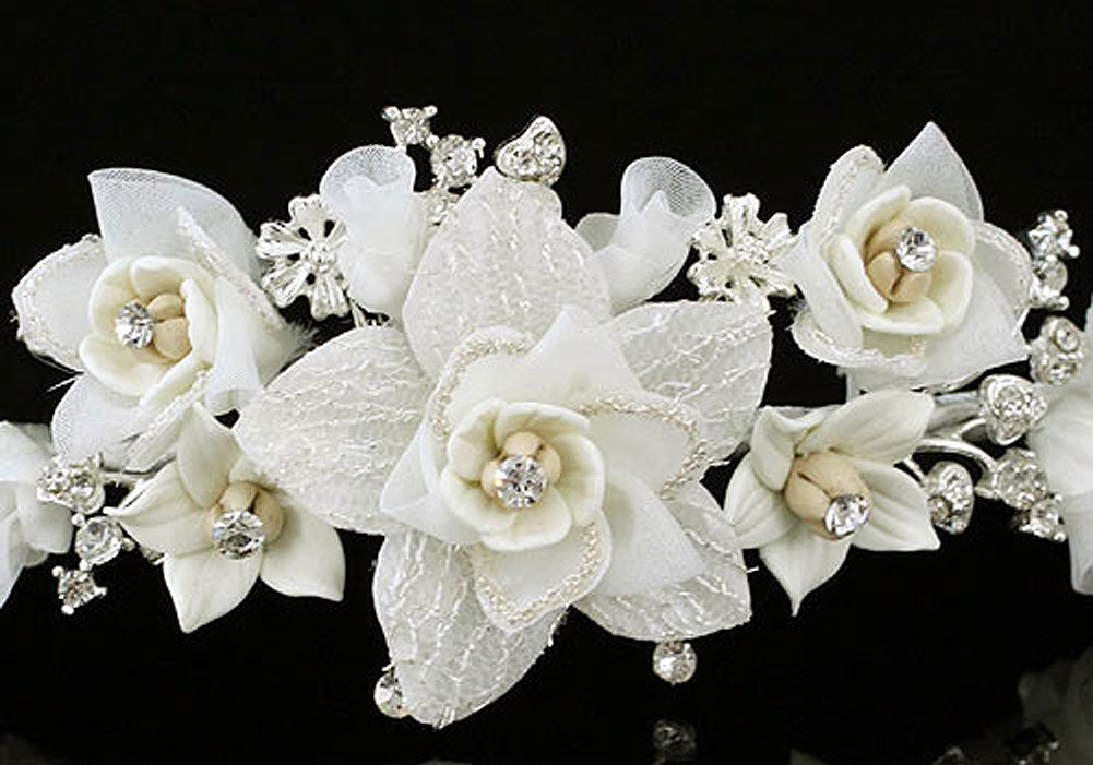 Handmade Wedding White Flower Satin Crystals Tiara XT1336-1