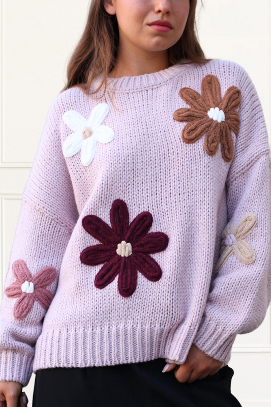 Tamara Women's Chunky Knit Sweater Embroidered Floral Appliqué-0