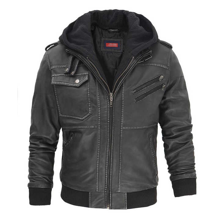 Oliver Men's Leather Bomber Jacket With Detachable Hoodie-0
