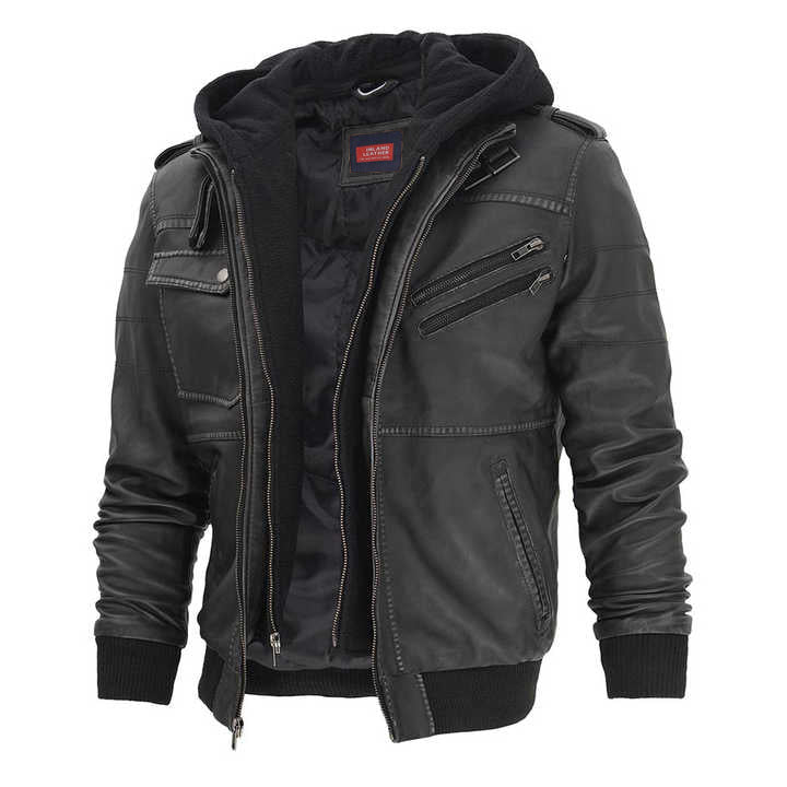Oliver Men's Leather Bomber Jacket With Detachable Hoodie-3