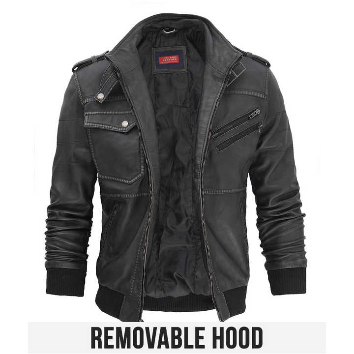 Oliver Men's Leather Bomber Jacket With Detachable Hoodie-2