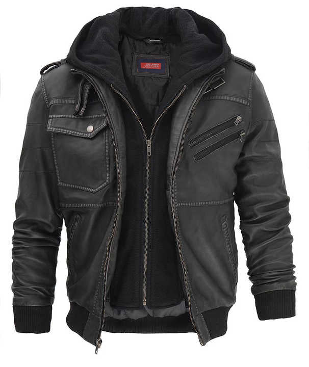 Oliver Men's Leather Bomber Jacket With Detachable Hoodie-4