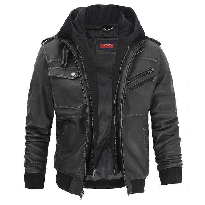Oliver Men's Leather Bomber Jacket With Detachable Hoodie-1
