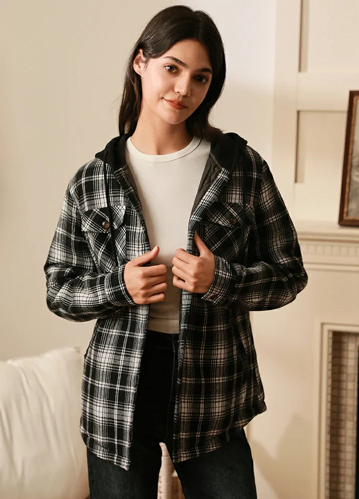 Women's Quilted Lined Hooded Plaid Flannel Shirt Jacket with Hood-6