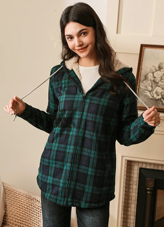 Women's Matching Family Zip Up Green Plaid Flannel Hoodie-0