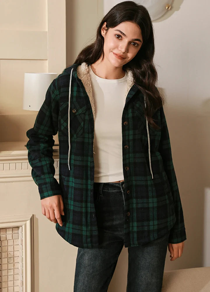 Women's Sherpa Lined Flannel Jacket with Hood, Button Up Plaid-15