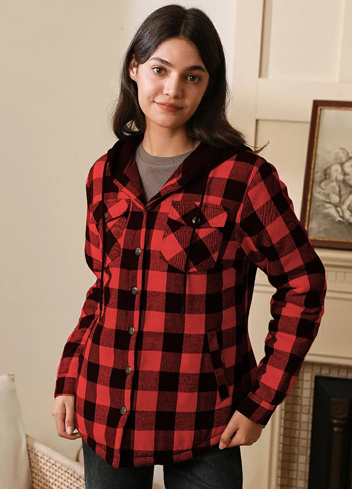 Women's Quilted Lined Hooded Plaid Flannel Shirt Jacket with Hood-7