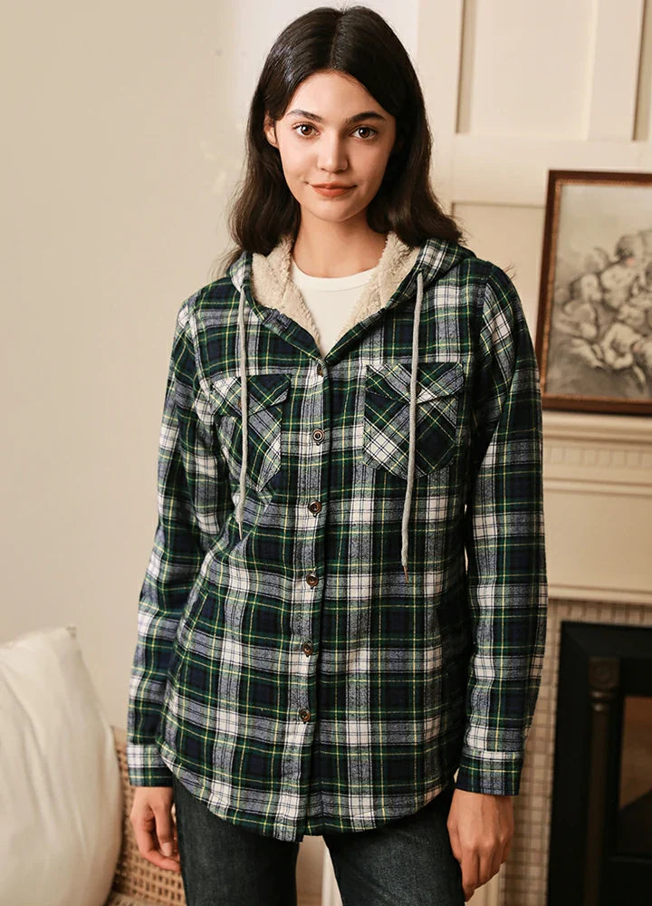 Women's Sherpa Lined Flannel Jacket with Hood, Button Up Plaid-12